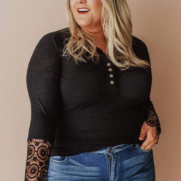 Black Crochet Lace Hem Sleeve Button Top - Picture 13 of 14